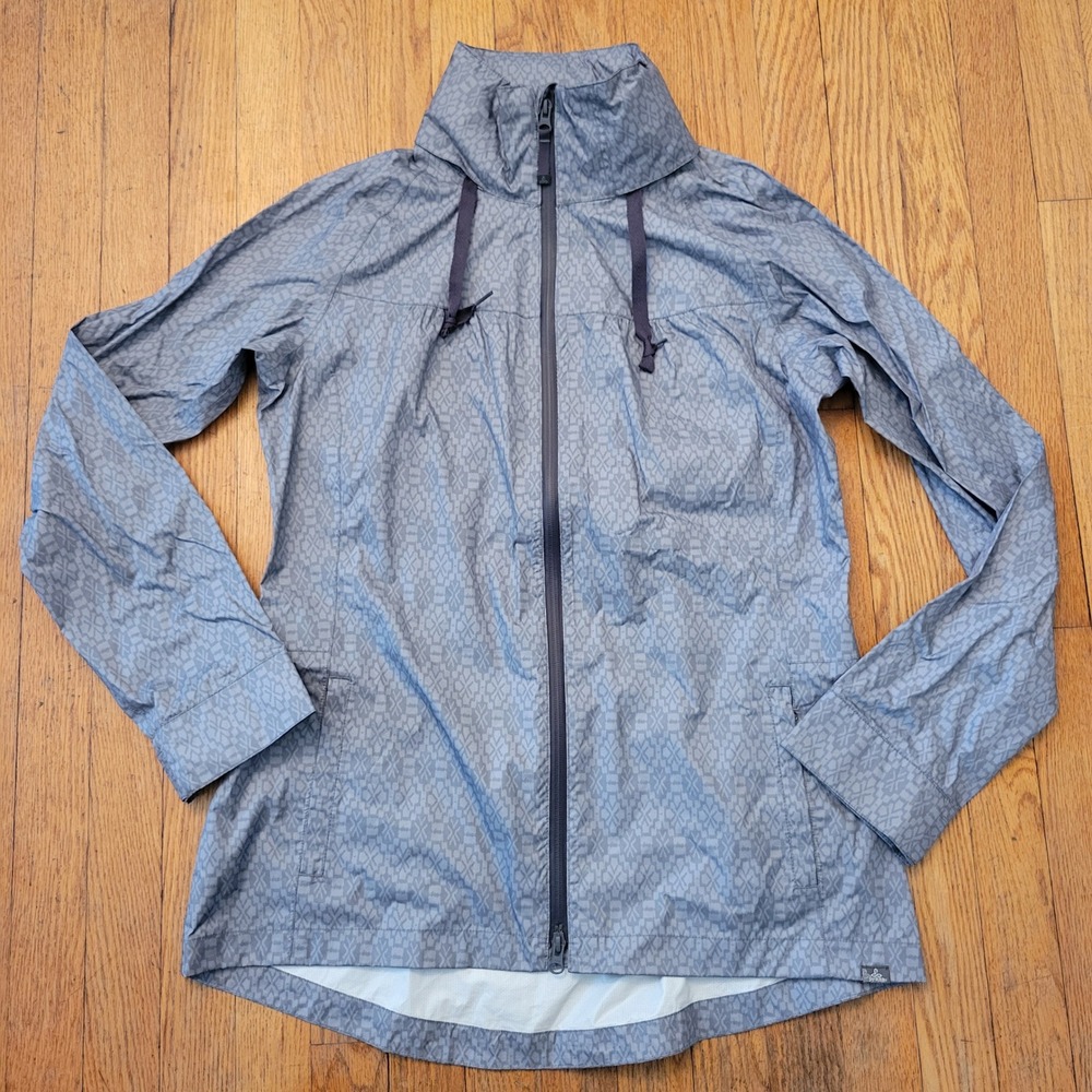 Prana‎ L Rain Jacket Grey Geometric Full Zip Hood Outdoors Summer Lightweight